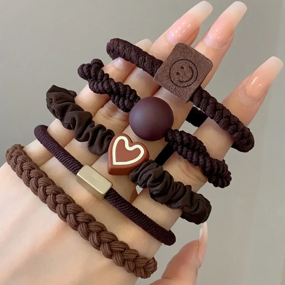 5 sztuk/zestaw proste serce kulki Charms Scrunchie brak uszkodzeń elastyczne plecione gumki do włosów liny kobiety dziewczęta kucyk Holder opaski gumowe — zdjęcie 7