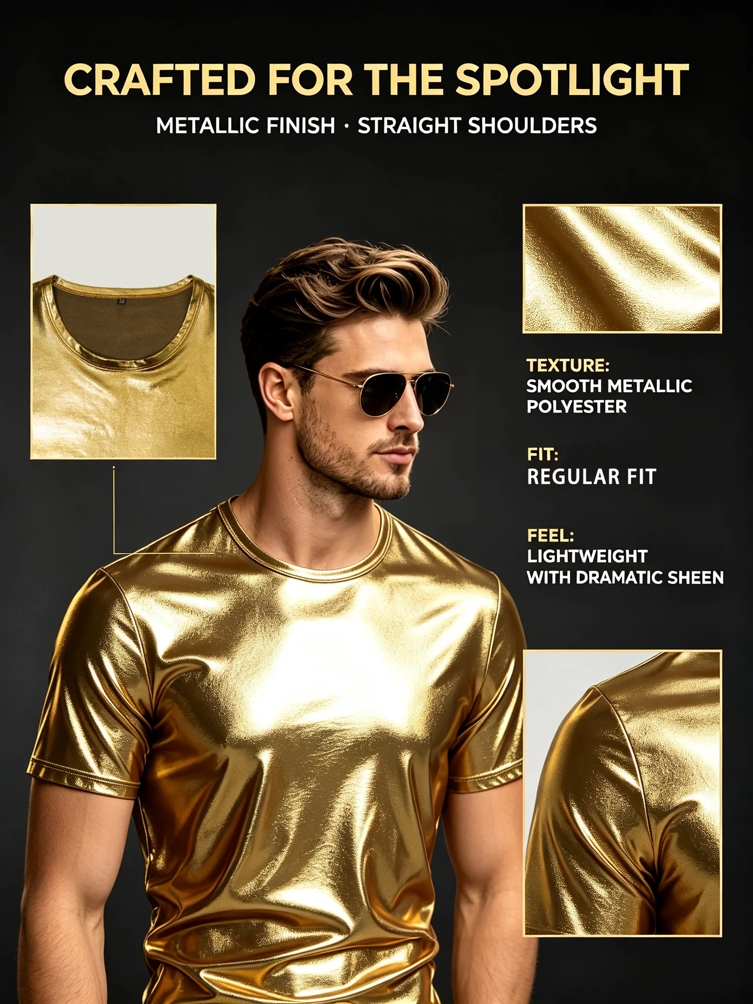 Herren Gold Glänzendes Kurzarm-T-Shirt, Party, Sport, Modisches Freizeit-Oberteil – Detail 2