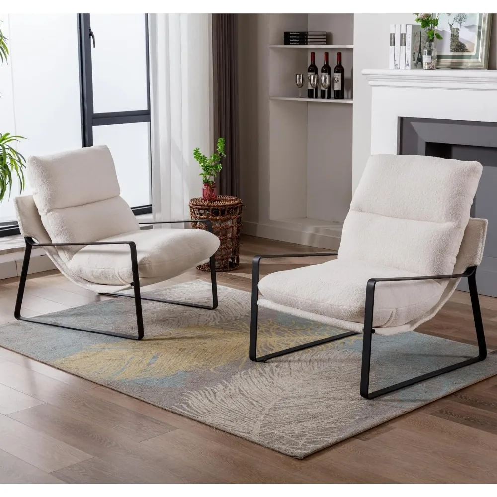 

Modern Sherpa Accent Armchairs Set of 2, Upholstered Living Room Chairs with Metal Base Thickened Cushion Single Sofa Chairs Co