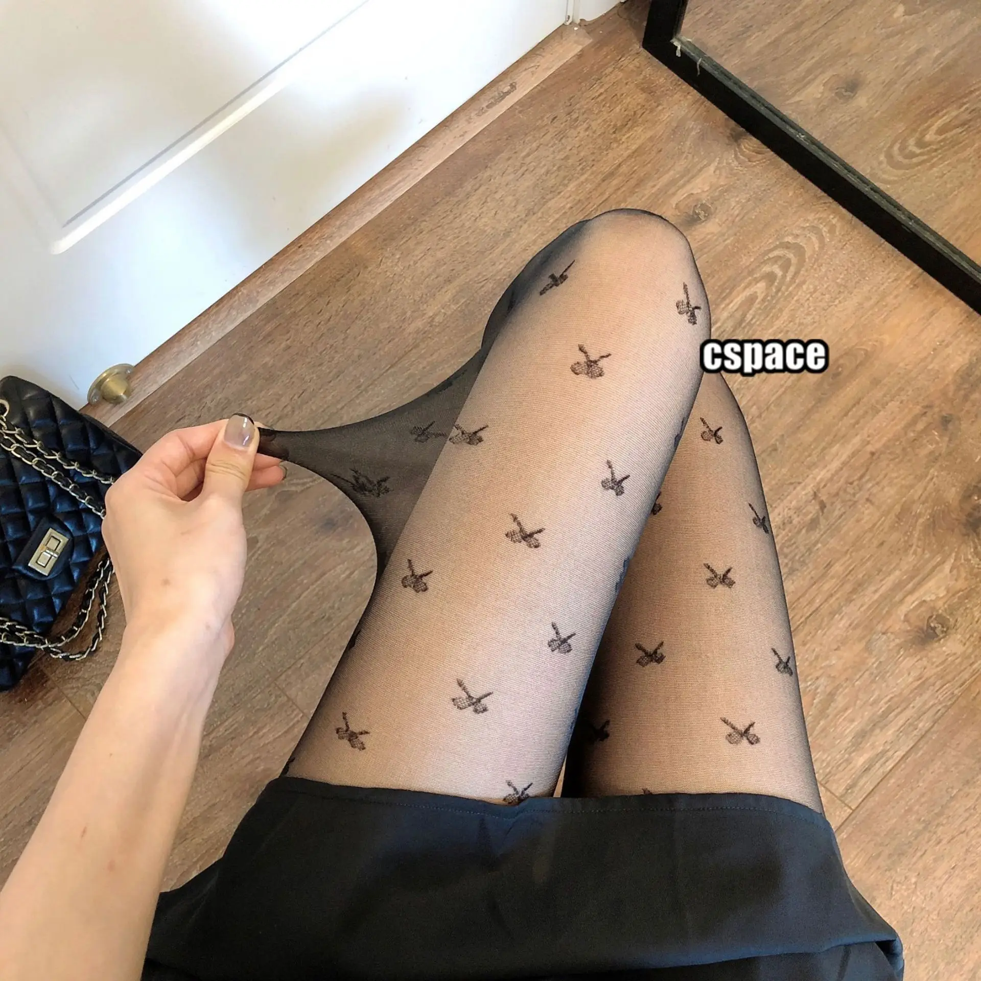 Women Mini Bow Print Sheer Mesh Tights Black See Through Fishnet Pantyhose  Fashion Party Pantyhose