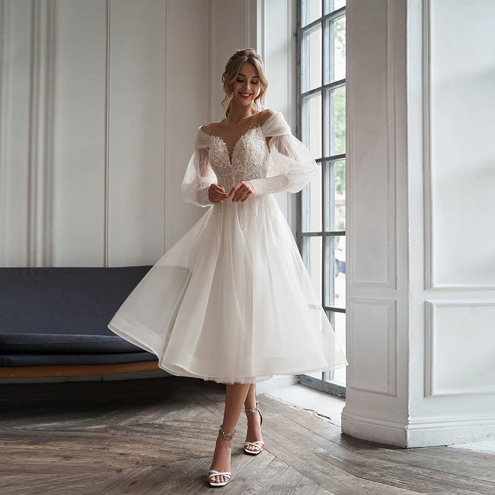 Moderne Tulle Thee Lengte Wit Engagement Party Trouwjurk Voor Bruid Met Mouwen V-hals Sheer Button Terug Een Lijn свадебное