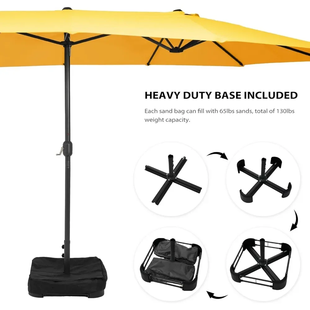 Guarda-sóis grandes para pátio externo de 15 pés com base incluída e capa de guarda-chuva, guarda-chuva dupla face ao ar livre para jardim à beira da piscina