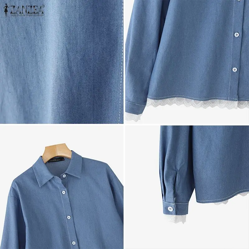 ZANZEA Mode Shirts Frauen Langarm Bluse Feste Spitze Patchwork Tunika Tops Herbst Revers Elegante Büro Streetwear OL Blusas