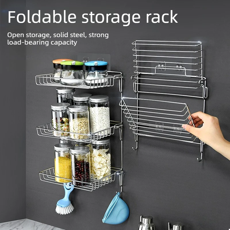 Stainless Steel Storage Rack Foldable Organizer No Drill Wall Mounted Bathroom Shelf for Toiletries Home Use Kitchen Storage