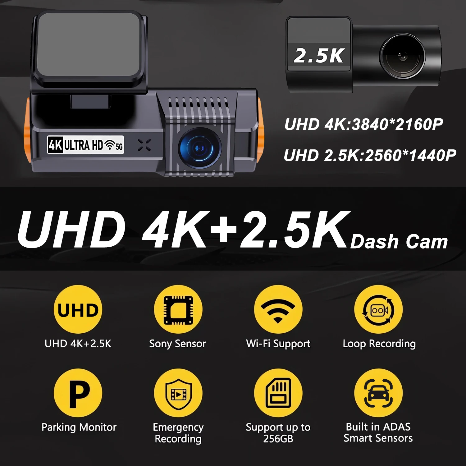 ADAS 4K 2160P+2.5K 1440P Dash Cam For Cars Car Camera Dash Cam WIFI Camera Car Front and Rear Dash Camera Black Box 24H Parking