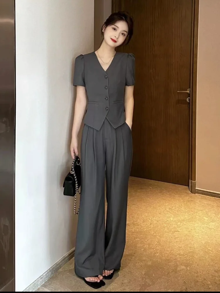 Women Fashion Lie Fallow Suit for Women Summer New High-end Korean Style Short Loose Coat + Straight Pants Two-piece Set Female