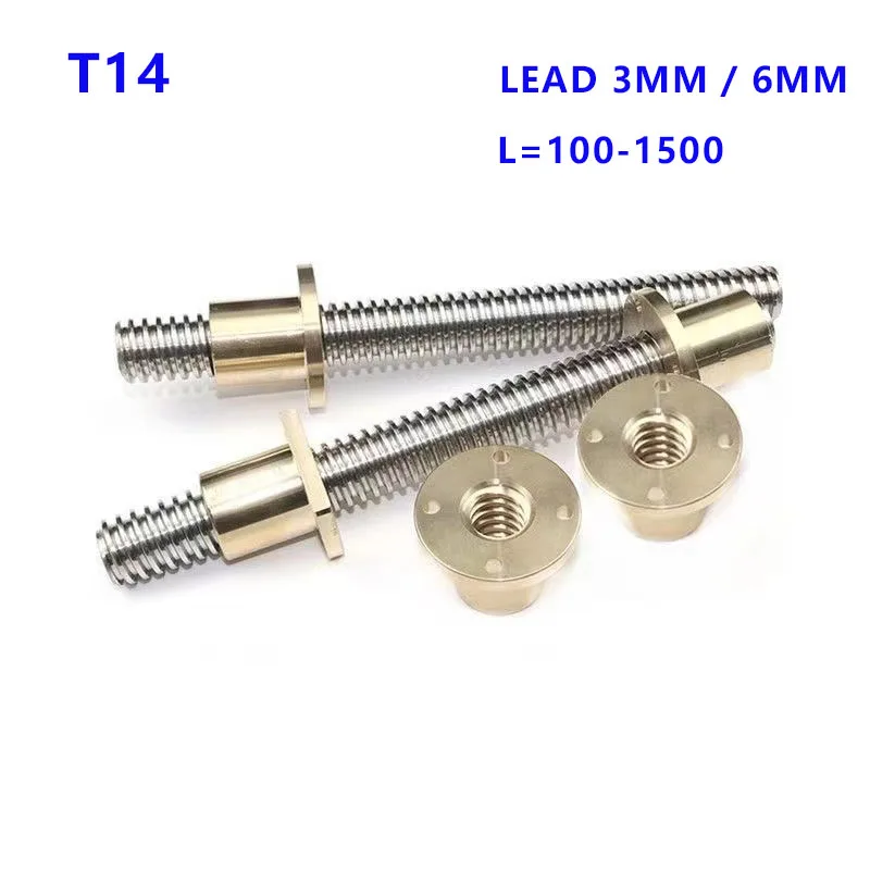 

1PCS T14 Lead Screw Trapezoidal Rod Thread 14mm Lead 3mm/6mm with Brass Nut Length 100MM-1200MM for 3D Printer for CNC Parts