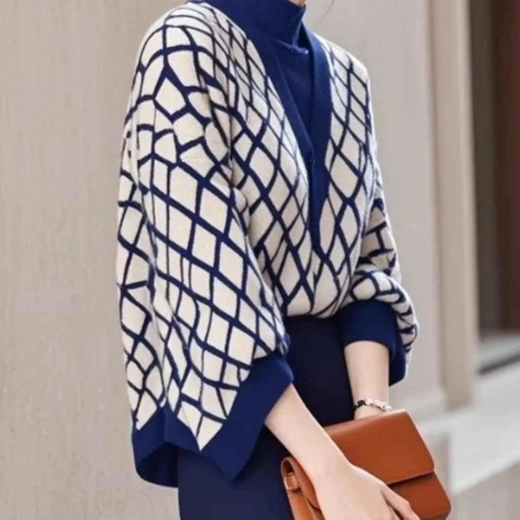 

Women's French Style Rhomboid V-neck Sweater Elegant Diamond Pattern Spring Autumn Fashion Open Cardigan by Chinese Fir