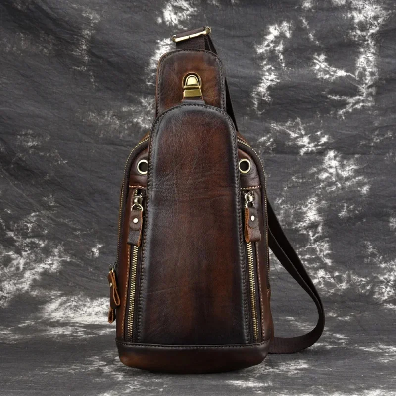 

Vintage cowhide men's chest high quality genuine leather male shoulder messenger casual crossbody fashion sling bag