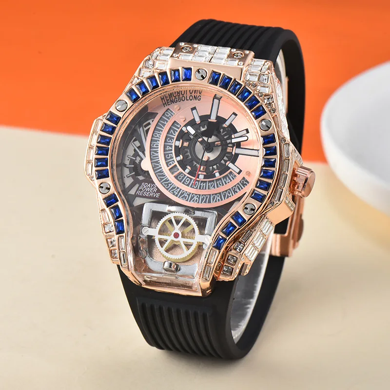 Men\'s three-hand quartz watch fashion sporty special-shaped blue full diamond watch