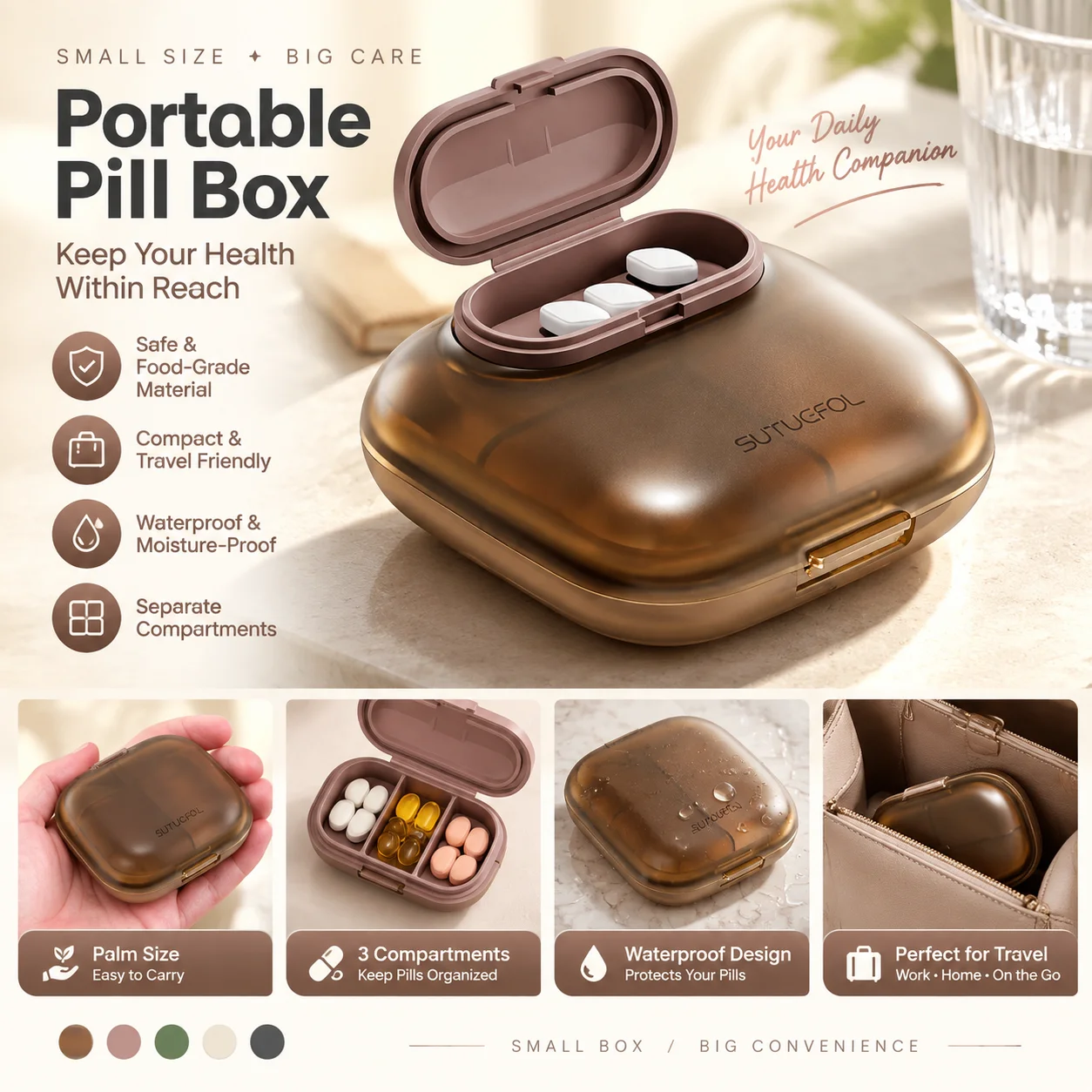 Mini Pill Case 3-Compartment Portable Morning Noon Night Medicine Organizer Pocket Purse Vitamin Supplement Storage Box