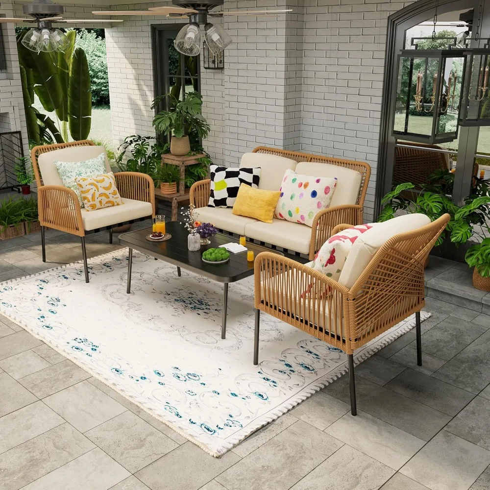 

Boho Style Outdoor Patio Furniture Set, Modern Rope Loveseat and Armchairs, Complete with Coffee Table for Conversation Area