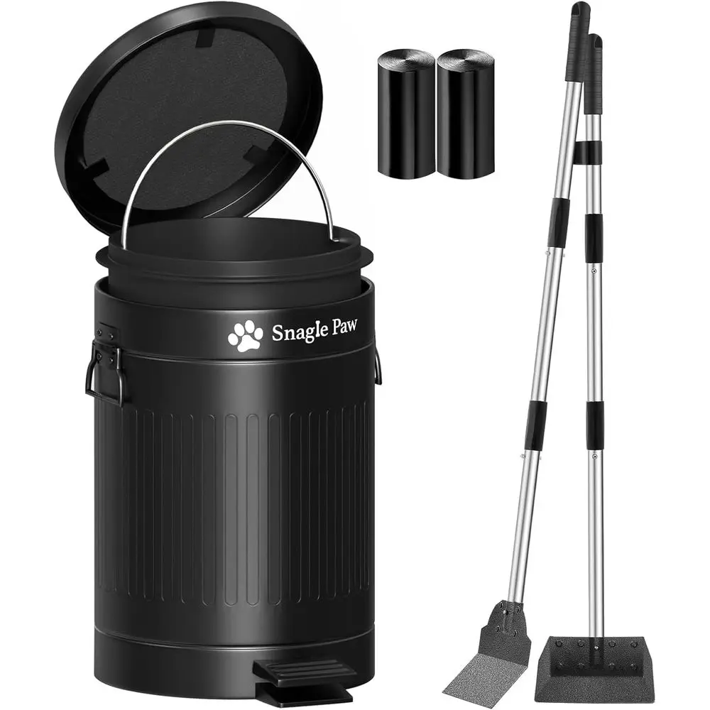 

Metal Dog Pooper Scooper Set with Long Handle, Spade, 12L Trash Can, OdorLock Lid, Carbon Filter, and 40 Waste Bags