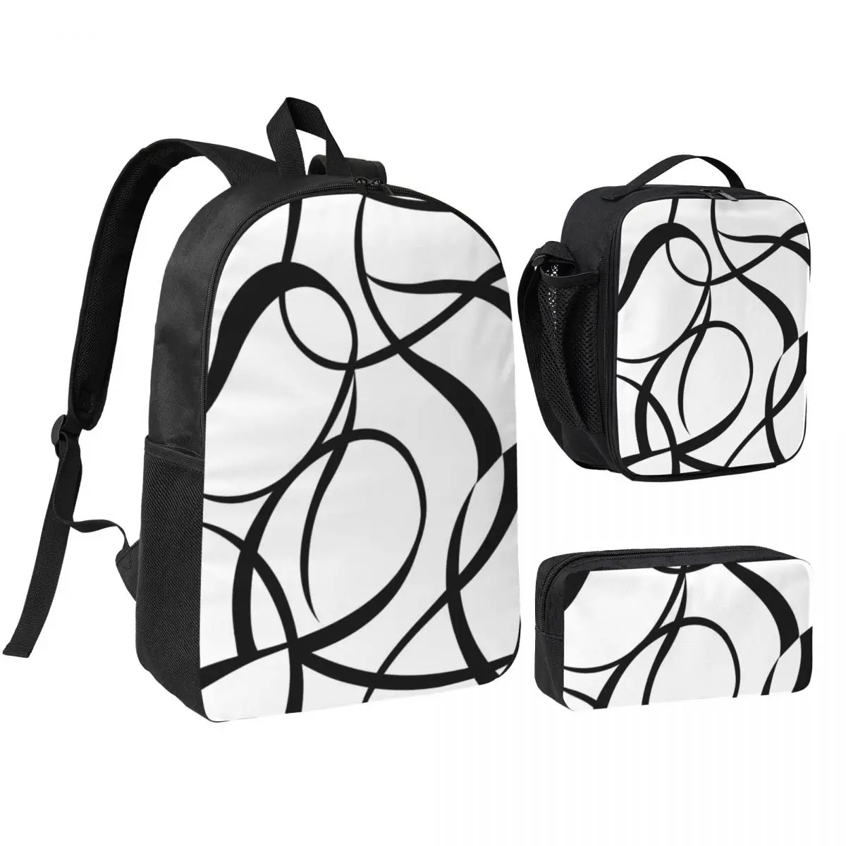 4 Pcs - 45cm 18In - Geometric Abstraction Line Backpack BookBag School Bag Shoulder Bags 3ps Insulated Lunch Bag Pencil Case