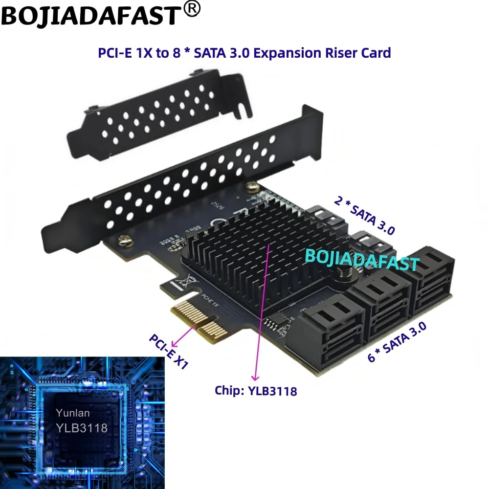 8 * SATA 3.0 7PIN Connector to PCI-E 1X PCIe X1 Adapter Expansion Riser Card YLB3118 For HDD Hard Disk Drive