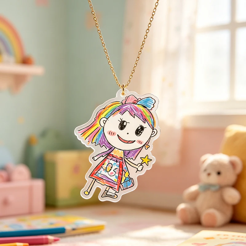 Kids Hand Drawing Custom Acrylic Necklace Personalized Artwork Picture Collar Colorful Children Art Pendant Unique Keepsake