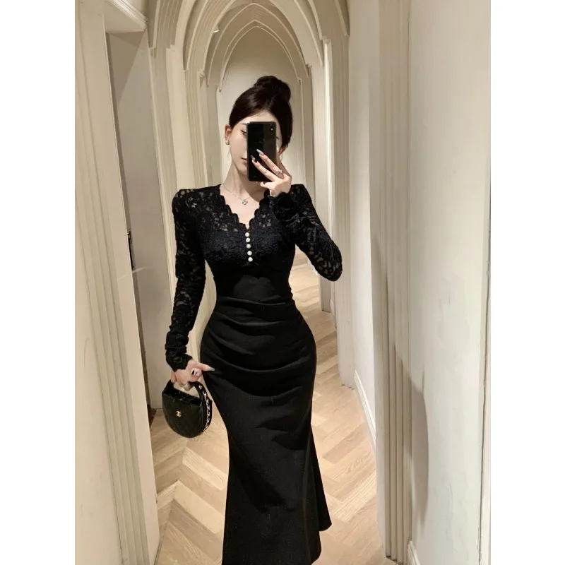 

French Light Luxury Socialite Style V-neck Bottom Lace Dress Autumn/winter Women's High Waist Slimming Package Hip Skirt Sexy