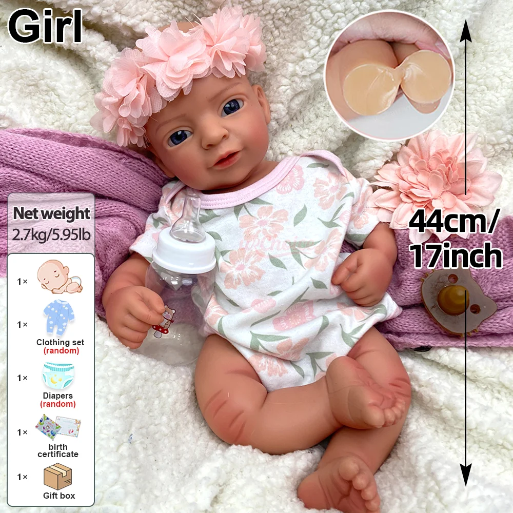 Nouvelle poupée bébé reborn 100 % silicone, 45 cm, poupée fille lestée avec bouche ouverte, idéale pour les enfants de 3 ans et plus, cadeau de Nouvel An.