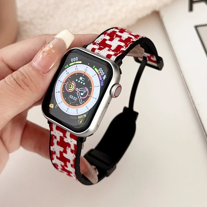 Magnetic Woolen Plaid Strap For Apple Watch Band Ultra 2 49mm 41mm 45mm Bracelet For iWatch Series 9SE 8 Silicone Belt 40mm 44mm