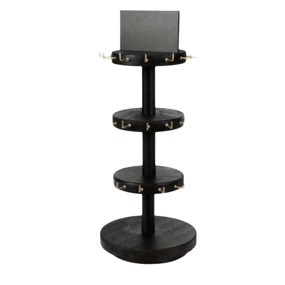43*17.5cm Jewelry Display Stand Multi-layer Rustic Vintage Finish Wooden Necklace Display Stand Metal Hooks 360° Rotatable Base