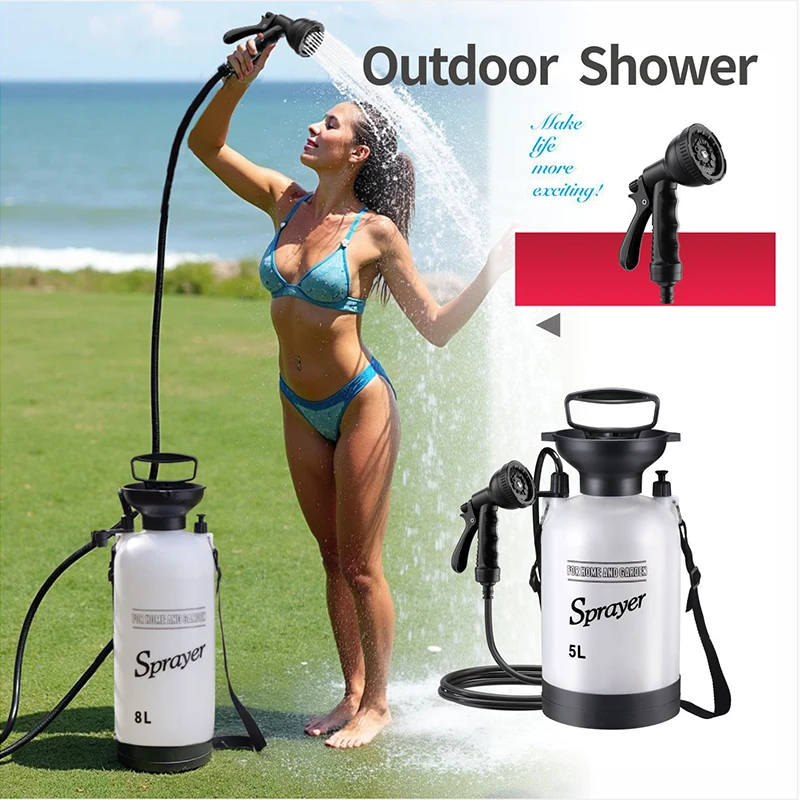 1 pièce Douche de camping manuelle d'extérieur, pompe de douche multifonctionnelle 3/5/8L pour le bain des animaux et le lavage de voiture, outil de douche portable avec tuyau de 3m