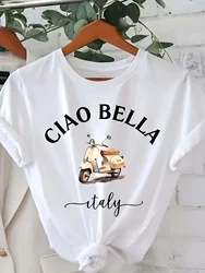 Ciao Bella Women's Crew Neck T-Shirt - Casual Short Sleeve Letter Print Polyester Blend Spring & Summer Top Italian Lemon