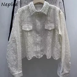 Neploe Elegant Heavy Lapel Neck Beading Shirts Women Y2k Lace Hollow Out Blouses 2024 Spring New Long Sleeve Blusas Mujer