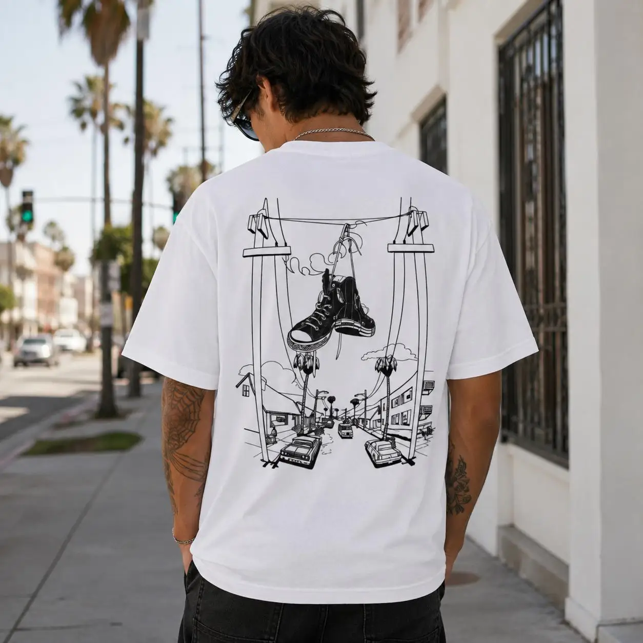Sneakers on Power Lines T-Shirt  Urban Sketch Street Scene Y2K Retro Style - Cotton Round-neck Short-sleeved Shirt Fashion Trend