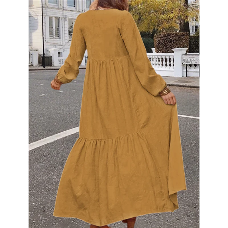 ASDS-Abito lungo da donna in cotone Boho con scollo a V e maniche lunghe, abito da spiaggia fluido con tasche e bottoni