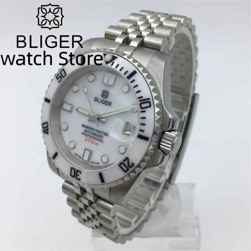 BLIGER 40mm NH35A Automatic Men Watch White Ceramic Insert Brushed Steel Bracelet White shell Dial Date Luminous Sapphire Glass