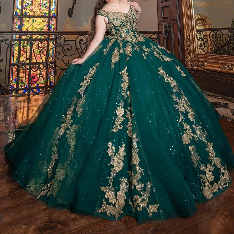 Angelsbridep Mexican Emerald Green Ball Gown Quinceanera Dresses Gold Handmade Appliques Ballkleider Birthday Party Dress