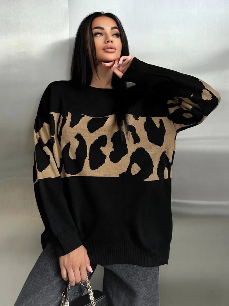 Fashion Vintage Sweater Leopard Print Contrast Color Knitted Tops Women Autumn Winter Oversized Loose Casual Pullover Sweaters