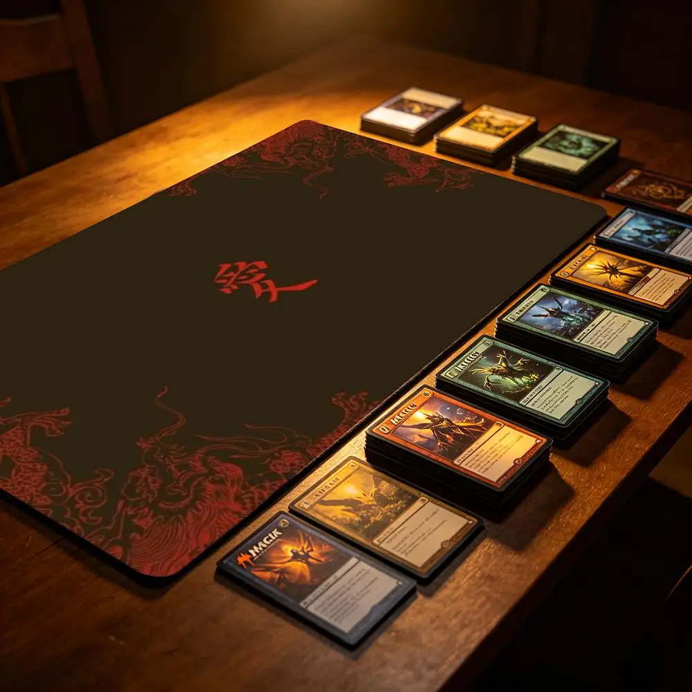 Chinese Red Dragon Line Art TCG Playmat Oriental Calligraphy Character Black Base Traditional Pattern Non‑Slip Desk Mat
