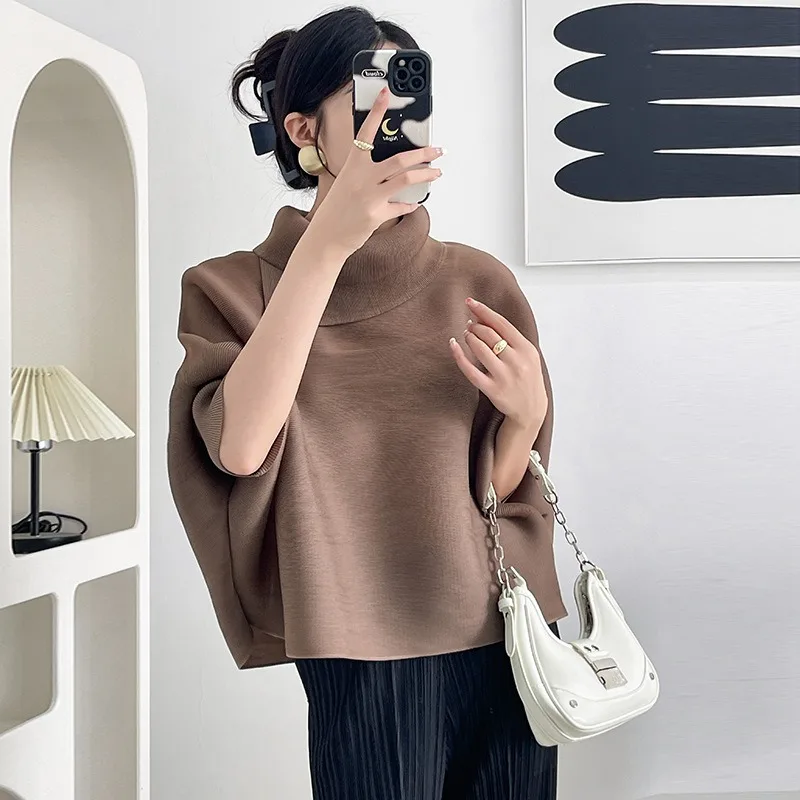 Miyake Plissiertes Schal-Kragen-Oberteil 2026 Neu Einfaches Lässiges Fledermausärmel-Top T-Shirt Damen Übergröße Stretch Modekleidung
