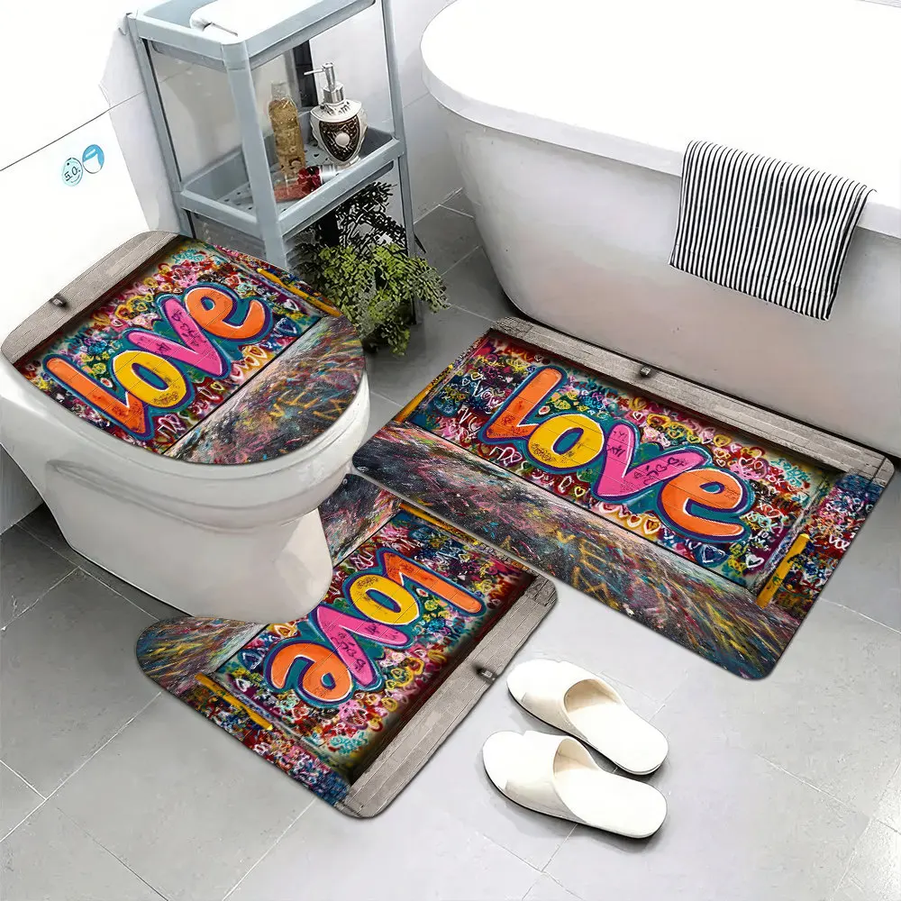 

Set of 3 Ultra-Soft Bathroom Floor Mats with Non-Slip Backing, Featuring a Lively Graffiti Design Filled with Colorful Letters
