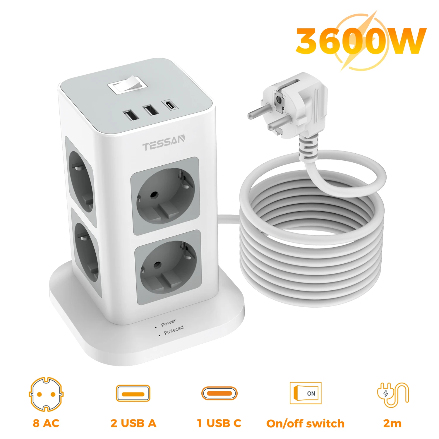 TESSAN Tower Extension Power Strip met USB EU-stekker Tower Meerdere stopcontacten met schakelaar Overspanningsbeveiliging 2M verlengstopcontact