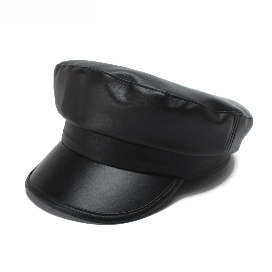 

Модная черная армейская кепка-газетчица для женщин из искусственной кожи, стильная матросская кепка, однотонная весенне-осенняя кепка в морском стиле для дам