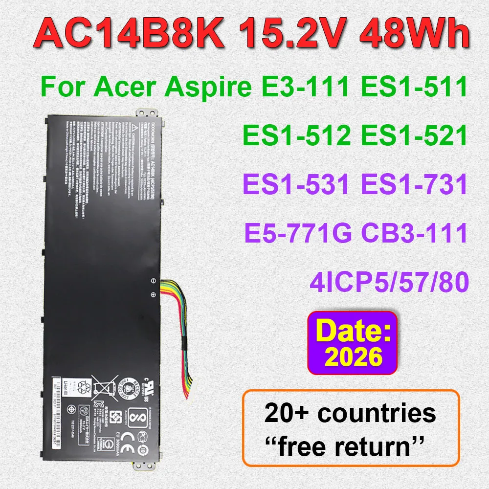 Batería para portátil AC14B8K 15.2V 48Wh para Acer Aspire E3-111 ES1-511 ES1-512 ES1-521 ES1-531 ES1-711 CB3-111 CB5-311 A515-51 A515-52