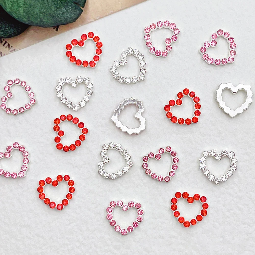 10pcs Metal Heart Nail Charms Red Pink Silver Diamond Nail Parts for Manicure Decoration Accessories Hollow Out Love Charms