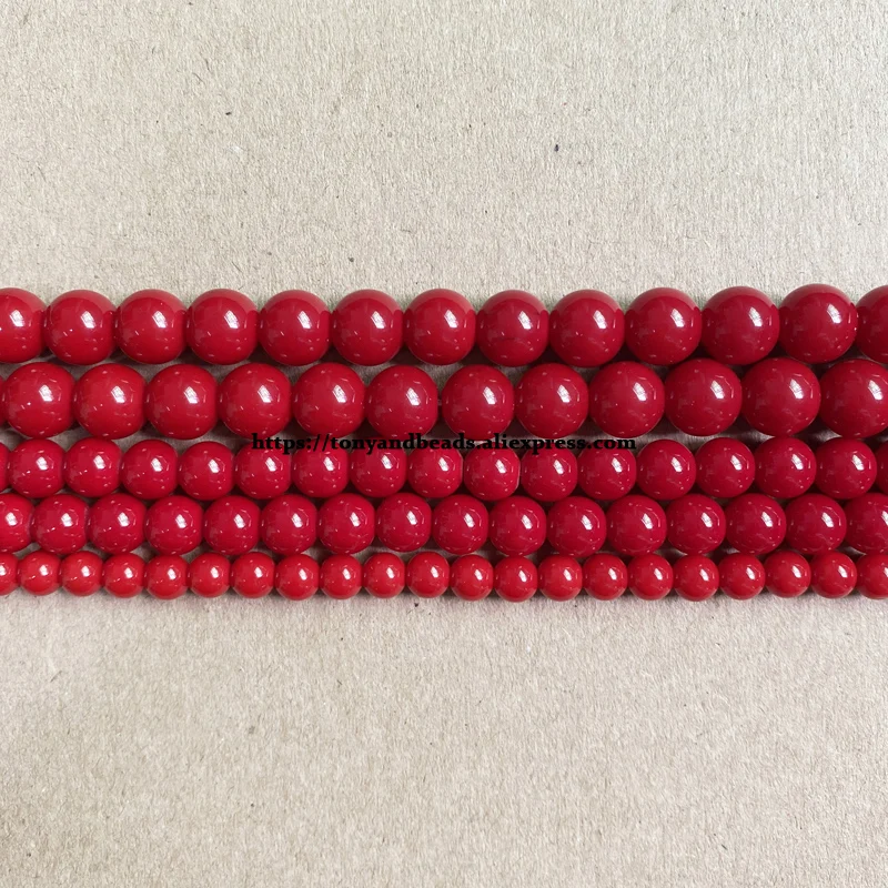 Smooth Red Coral Color Glass Round Loose Beads 15\