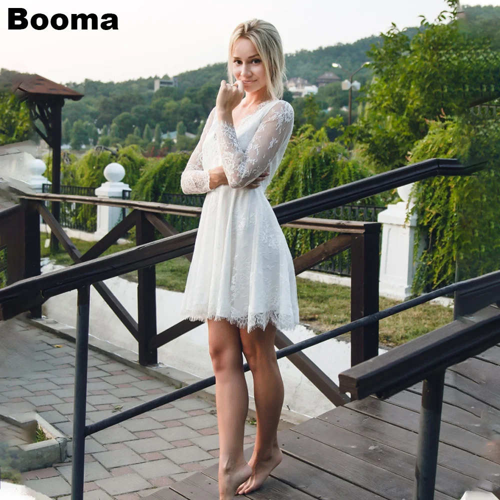 

Booma A-Line Lace Short Wedding Dresses V Neck Long Sleeves Beach Brides Party Gowns for Women Crystal Belt Backless Prom Dress