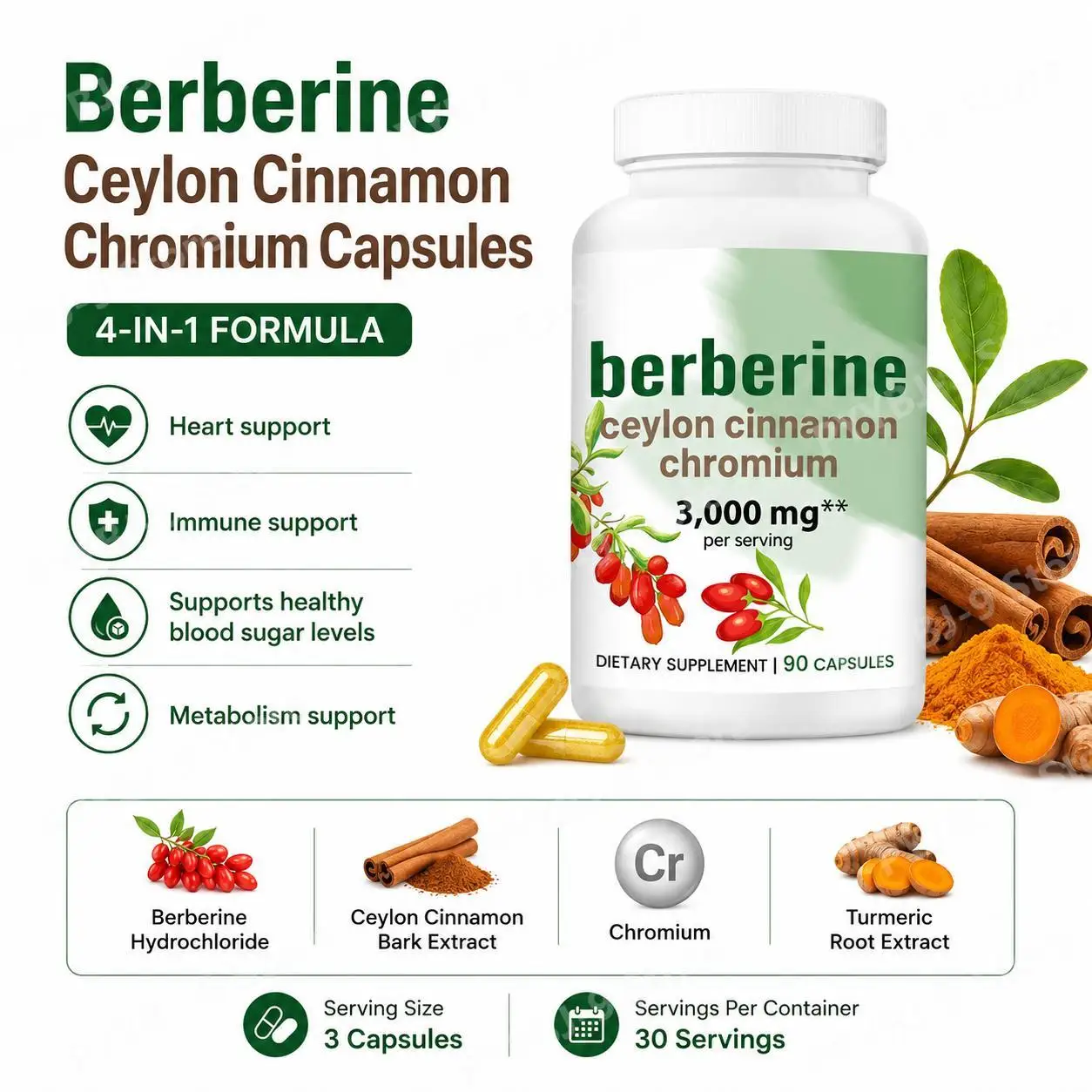 Berberine Ceylon Cinnamon Chromium Capsules for Heart & Immune Support, Healthy Sugar Levels, and Metabolism Support 90 Capsules