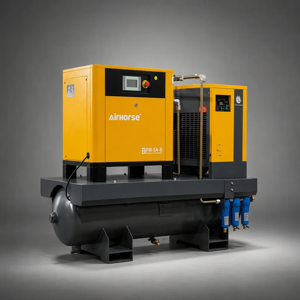 Industrial 7.5 KW Integrated Screw Air Compressor 4 1 Dryer Air Tank Filter New Condition Permanent Magnet VSD 1000 Pounds Motor