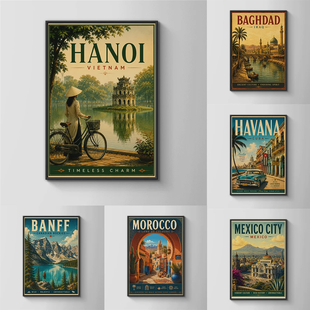 Hanoi Vietnam Vintage Travel Poster Timeless Charm Prints Asian Wall Art Bike and Lake Scene Zanzibar Tanzania Canvas Painting