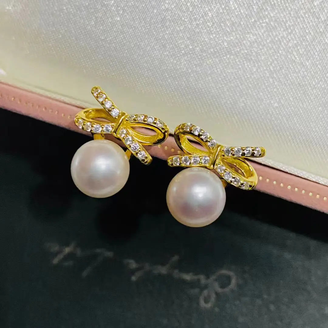 

Bow Knot S925 Sterling Silver Earrings Mount Findings Settings Base Mounting Parts Accessory for 7-8mm Pearls 5 pairs/lot