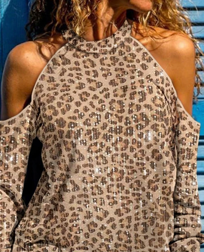 

T-Shirt Hot Selling 2024 Fashion Leopard Print Contrasting Sequins Cold Shoulder Clothes Long Sleeved Casual Women Y2K