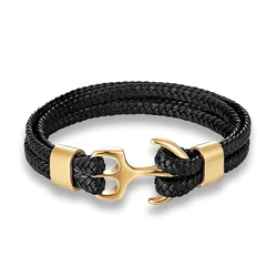 Genuine Leather Men Bracelet Hand Braided Rope Multilayer Leather Stainless Steel Anchor Bracelet Classic Bangle Sport Jewelry