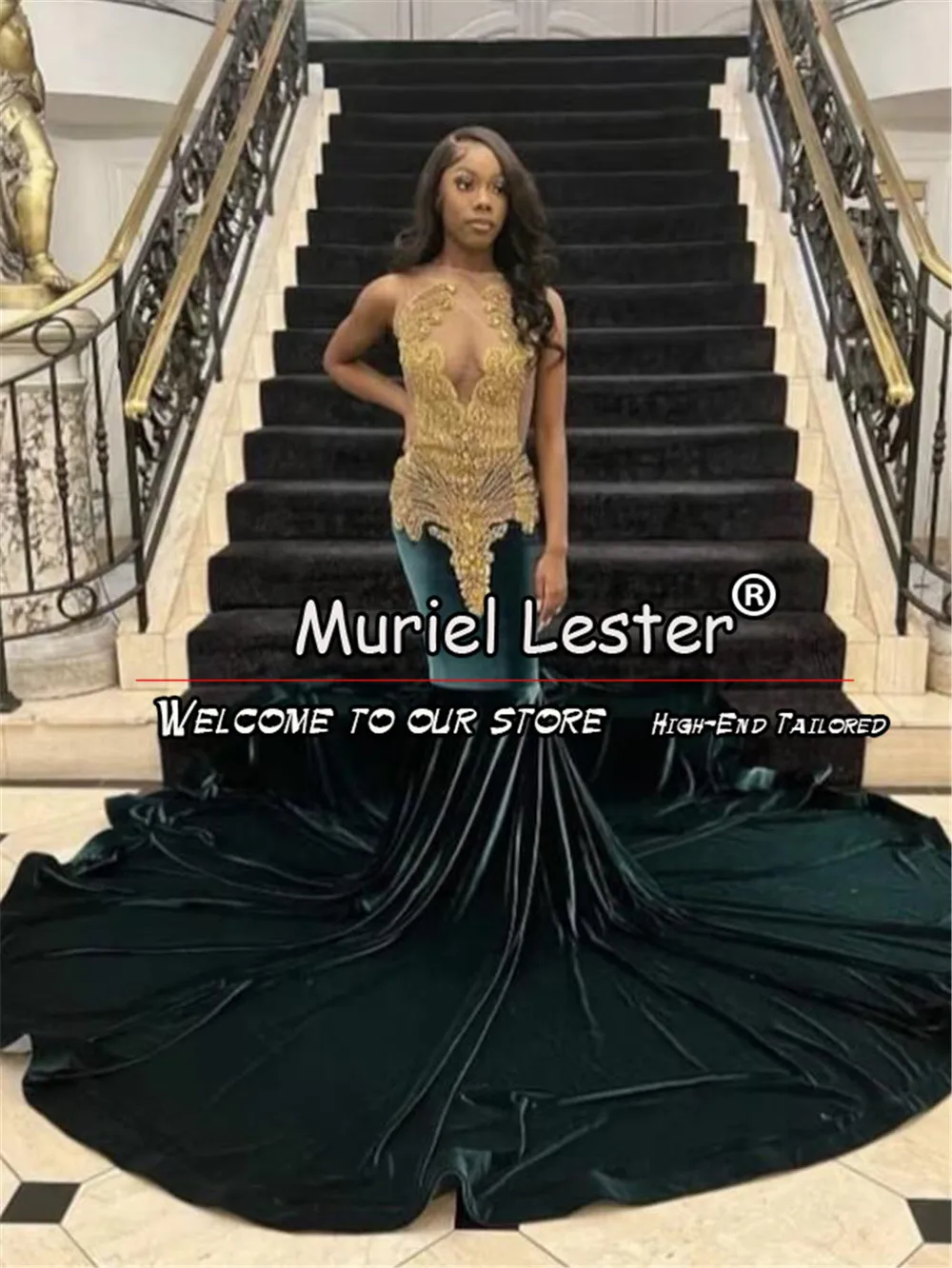 African Mermaid Prom Dresses Golden Crystals Beading Green Velvet Formal Evening Party Gowns Women Dinner Clothing Tailor-Made