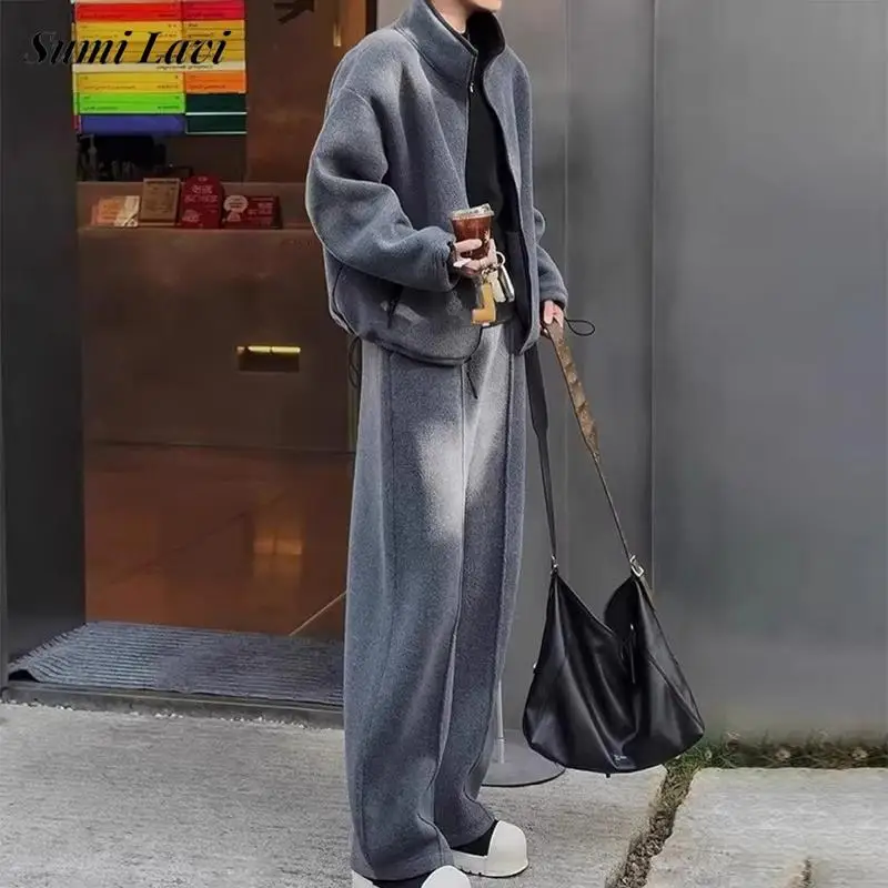 

Streetwear Winter Warm Fleece Outfits Mens 2026 Spring Trendy Sets Solid Color Zip-up Jacket Coats And Pants Men Two Piece Suits