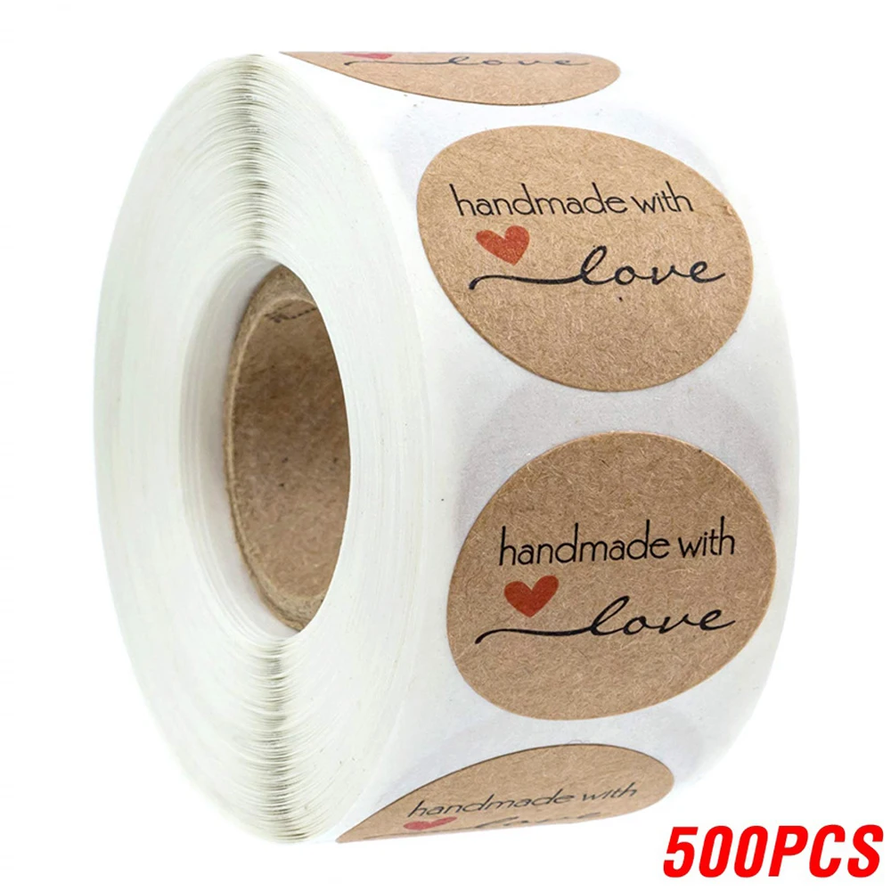 100-500 Stuks 1Inch Vintage Kraftpapier Handgemaakt Met Liefde Stickers Voor Pakket Dank U Briefpapier Zelfklevende Etiketten bakken Seals